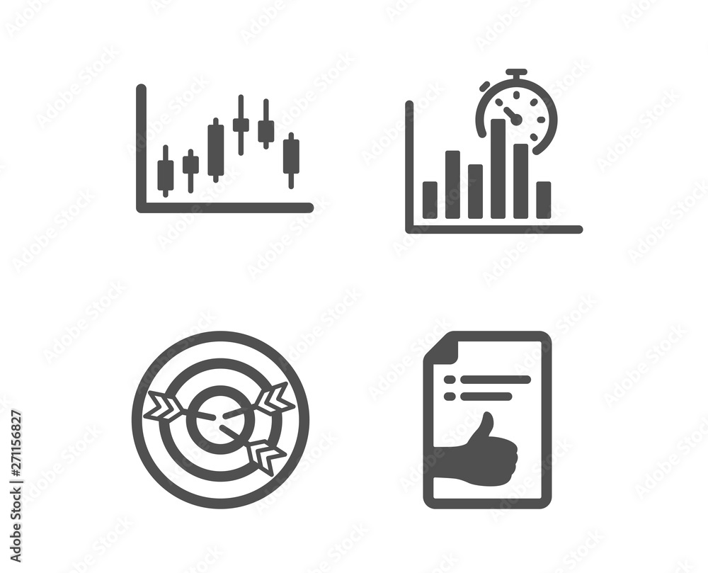 Poster set of candlestick graph, targeting and report timer icons. approved document sign. finance chart, t