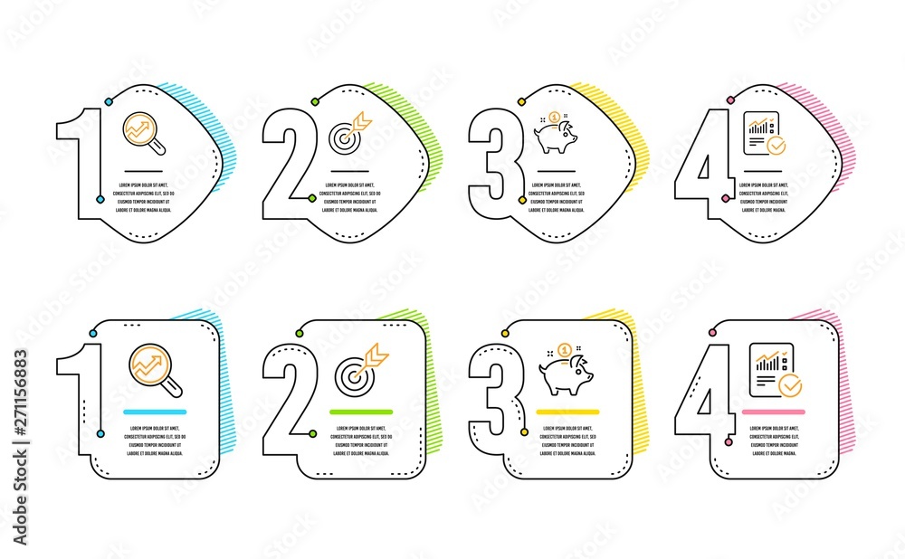 Poster saving money, analytics and target icons simple set. checked calculation sign. piggy bank, audit ana