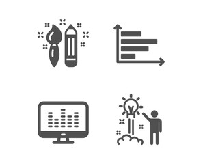 Set of Music making, Horizontal chart and Creativity icons. Creative idea sign. Dj app, Presentation graph, Graphic art. Startup.  Classic design music making icon. Flat design. Vector