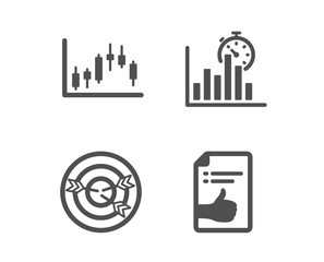 Set of Candlestick graph, Targeting and Report timer icons. Approved document sign. Finance chart, Target with arrows, Growth chart. Like symbol.  Classic design candlestick graph icon. Flat design