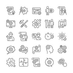 Engineering line icons. Set of Dividers tools, Idea bulb and Blueprint linear icons. Cogwheel, calculate price, mechanical tools. Idea bulb with cog, architect dividers, engineering people. Vector