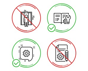 Do or Stop. Engineering documentation, Elevator and Cogwheel icons simple set. Documentation sign. Manual, Lift, Engineering. Project. Industrial set. Line engineering documentation do icon. Vector