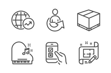 Piano, Share and Mobile survey icons simple set. World statistics, Delivery box and Architect plan signs. Fortepiano, Referral person. Line piano icon. Editable stroke. Vector