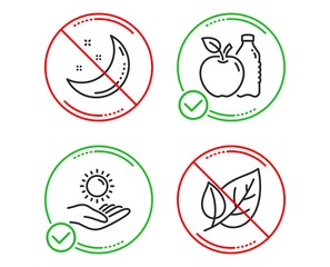 Do or Stop. Moon stars, Apple and Sun protection icons simple set. Leaf sign. Night, Diet food, Ultraviolet care. Ecology. Nature set. Line moon stars do icon. Prohibited ban stop. Good or bad. Vector
