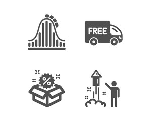 Set of Free delivery, Sale and Roller coaster icons. Fireworks sign. Shopping truck, Discount, Attraction park. Party pyrotechnic.  Classic design free delivery icon. Flat design. Vector