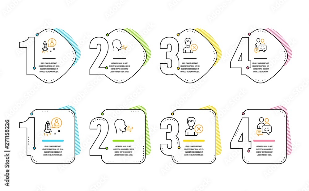 Poster remove account, startup and breathing exercise icons simple set. communication sign. delete user, de