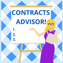 Conceptual hand writing showing Contracts Advisor. Concept meaning ensure the enforcement of defined procurement policies Female in Glasses Standing Whiteboard on Stand Presentation