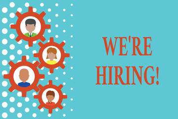 Text sign showing We Re Hiring. Business photo text recently employ someone or pay someone to do particular job Gearshaped picture frame family ornament mother father daughter son photo