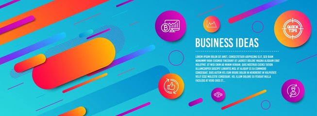 Header banner. Diagram, Quiz test and Refresh like icons simple set. Tips, Bitcoin chart and Human resources signs. Growth graph, Select answer. Business set. Line diagram icon. Gradient elements