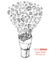Doner kebab and ingredients for kebab, sketch illustration. Flying salad concept. Arabic cuisine frame. Fast food menu design elements. Shawarma hand drawn. Middle eastern food.