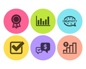 Payment received, Creativity and Checkbox icons simple set. Success, Column chart and Graph chart signs. Money, Inspiration. Education set. Flat payment received icon. Circle button. Vector