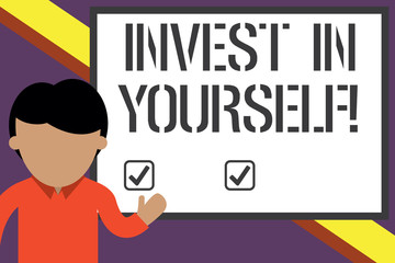 Writing note showing Invest In Yourself. Business concept for learn new things or materials thus making your lot better Young man standing in front whiteboard pointing to project. photo Art