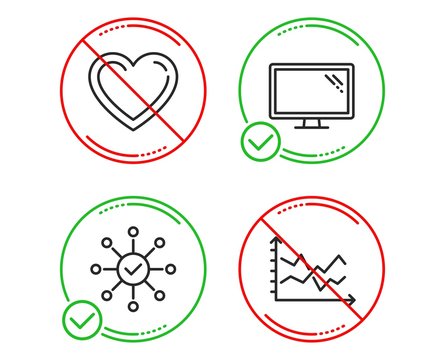 Do or Stop. Survey check, Heart and Monitor icons simple set. Diagram chart sign. Correct answer, Love feelings, Computer component. Presentation graph. Line survey check do icon. Prohibited ban stop