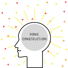 Conceptual hand writing showing Home Construction. Concept meaning the process of constructing a living accommodation Outline Silhouette Human Head Surrounded by Light Rays Blank