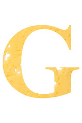 The letter "G" of cheese with holes on a white isolated background, the symbol of proper nutrition and the alphabet.