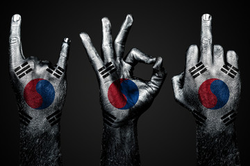 a set of three hands with a painted flag South Korea show middle finger, goat and Okay, a sign of aggression, protest and approval on a dark background.