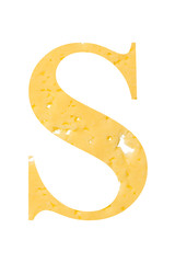 The letter "S" of cheese with holes on a white isolated background, the symbol of proper nutrition and the alphabet.