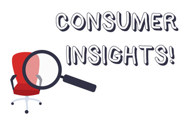 Conceptual hand writing showing Consumer Insights. Concept meaning understanding customers based on their buying behavior Magnifying Glass Directed at Red Swivel Chair with Arm Rests