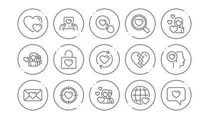 Love line icons. Heart, Valentines day and Relationships. Romantic linear icon set. Line buttons with icon. Editable stroke. Vector