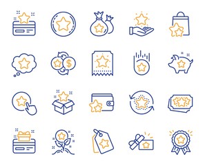 Loyalty program line icons. Bonus card, Redeem gift and discount coupon signs. Lottery ticket, Earn reward and winner gift icons. Shopping bag, loyalty card and lottery present. Vector