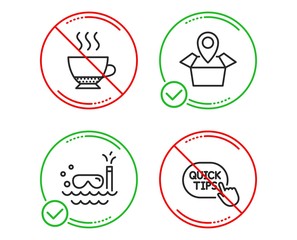Do or Stop. Espresso, Scuba diving and Package location icons simple set. Quick tips sign. Hot drink, Trip swimming, Delivery tracking. Helpful tricks. Line espresso do icon. Prohibited ban stop