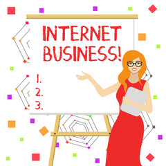 Word writing text Internet Business. Business photo showcasing business or commercial transactions that take place online White Female in Glasses Standing by Blank Whiteboard on Stand Presentation