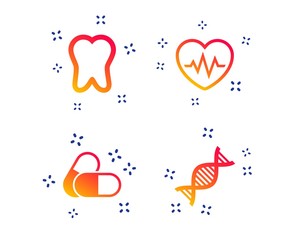 Maternity icons. Pills, tooth, DNA and heart cardiogram signs. Heartbeat symbol. Deoxyribonucleic acid. Dental care. Random dynamic shapes. Gradient medical icon. Vector