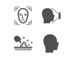 Set of Skin moisture, Face id and Face detection icons. Head sign. Wet cream, Identification system, Detect person. Human profile.  Classic design skin moisture icon. Flat design. Vector
