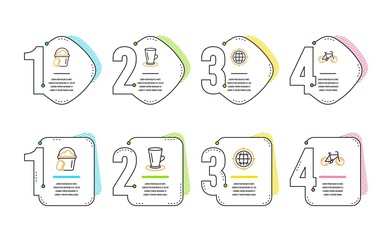 Teacup, Seo internet and Sponge icons simple set. Bicycle sign. Tea or latte, Globe, Cleaner bucket. Bike. Infographic timeline. Line teacup icon. 4 options or steps. Vector