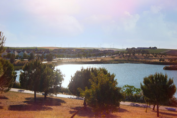 Huge residential area of two-storey houses with a large Park and a lake.