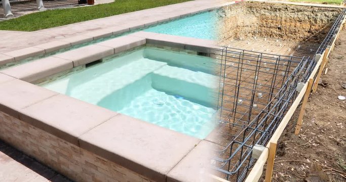 4k Looping Seamless Cinemagraph of Swimming Pool Construction Fading to Completed Pool