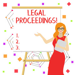 Word writing text Legal Proceedings. Business photo showcasing procedure instituted in a court of law to acquire benefit White Female in Glasses Standing by Blank Whiteboard on Stand Presentation
