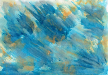 Fototapeta na wymiar abstract hand-painted texture with watercolor light blue colors with dark blue and golden