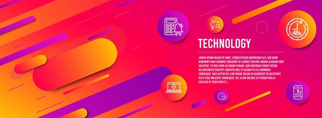 Header banner. 48 hours, Algorithm and Time icons simple set. Calculator alarm, Internet downloading and Mobile finance signs. Delivery service, Developers job. Technology set. Line 48 hours icon
