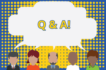 Writing note showing Q And A. Business concept for defined as questions being asked and answers Five different persons sharing speech bubble People talking