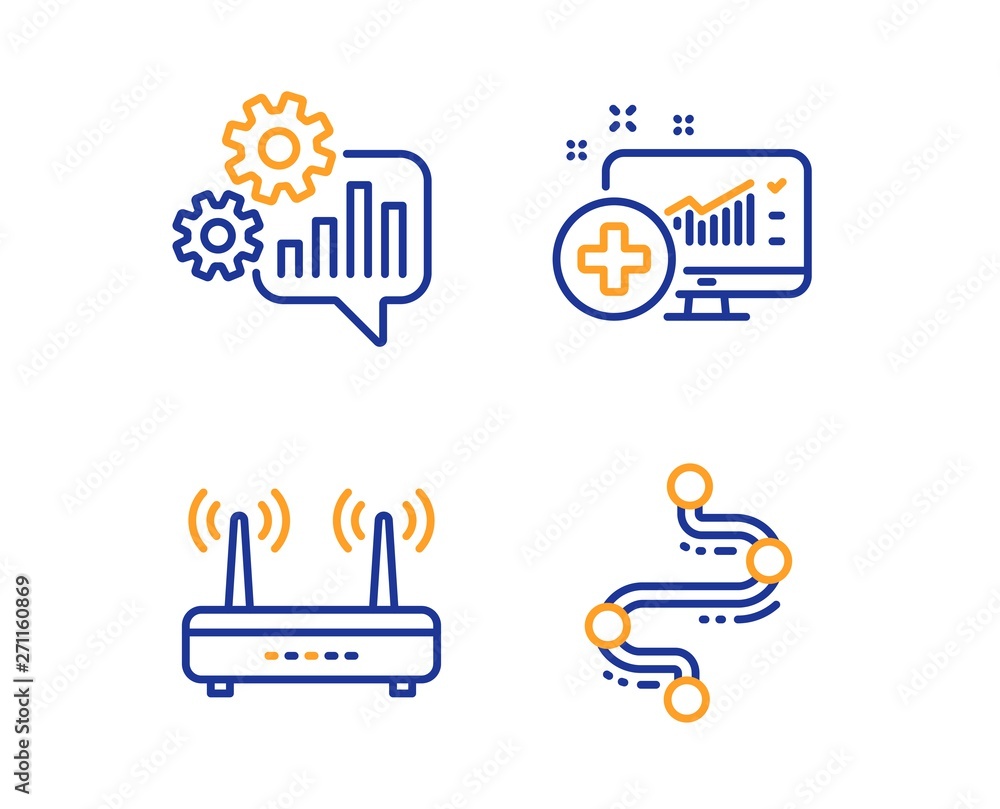 Poster wifi, medical analytics and cogwheel icons simple set. timeline sign. internet router, medicine syst