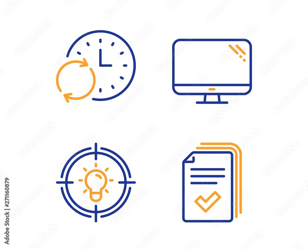 Aufkleber idea, update time and computer icons simple set. handout sign. solution, refresh clock, pc component