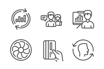 Fan engine, Payment card and Update data icons simple set. Presentation board, People talking and Face id signs. Ventilator, Credit card. Technology set. Line fan engine icon. Editable stroke. Vector