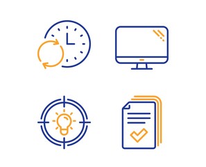 Idea, Update time and Computer icons simple set. Handout sign. Solution, Refresh clock, Pc component. Documents example. Science set. Linear idea icon. Colorful design set. Vector