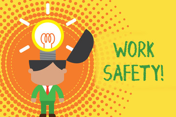 Writing note showing Work Safety. Business concept for policies and procedures in place to ensure health of employees Standing successful man suit necktie surging innovative solutions