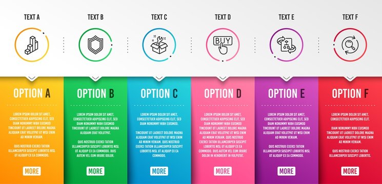 3d chart, Buying and Security icons simple set. Spanner, Technical algorithm and Search signs. Presentation column, E-commerce shopping. Technology set. Infographic template. 6 steps timeline. Vector