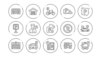 Parking line icons. Garage, Valet servant and Paid parking. Car transport park place linear icon set. Line buttons with icon. Editable stroke. Vector