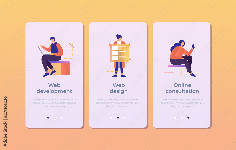 Aufkleber set of onboarding screens for mobile apps. banners with people working in web development, design, o