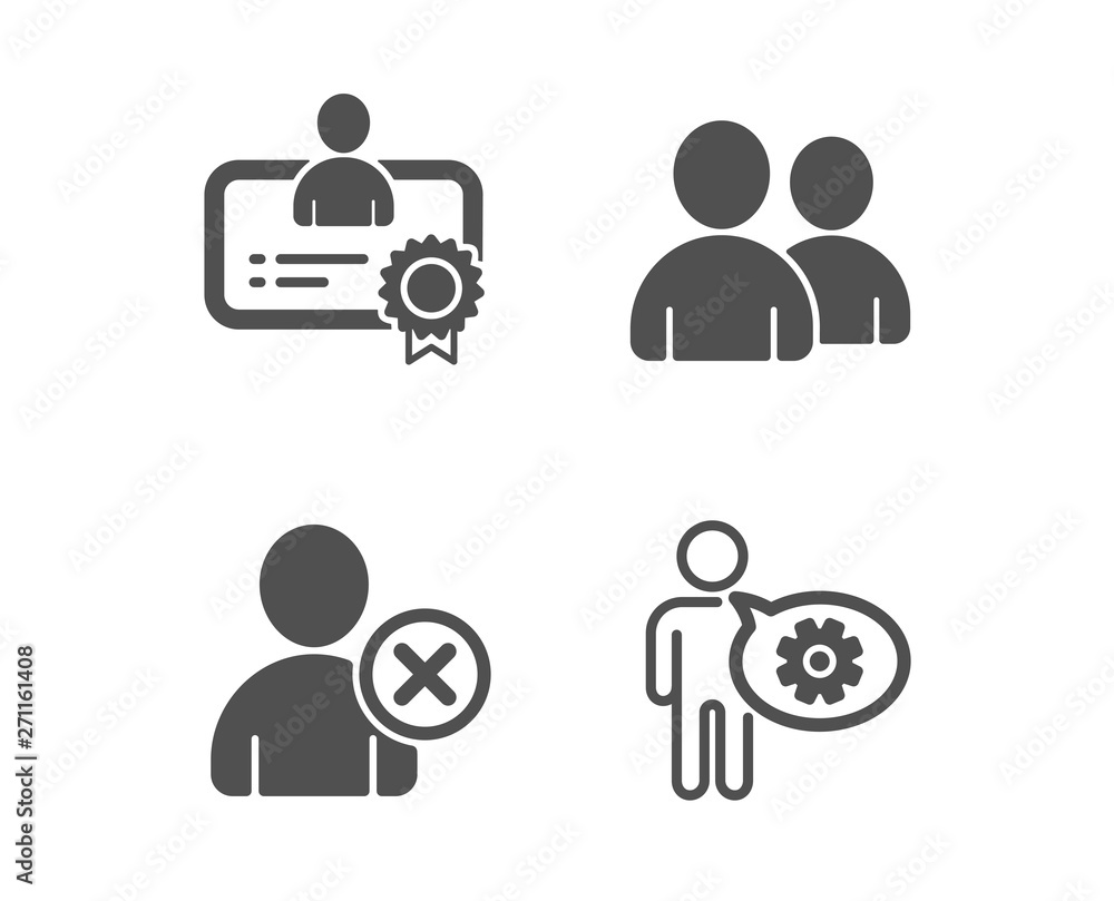 Aufkleber set of delete user, certificate and users icons. cogwheel sign. remove profile, best employee, coupl
