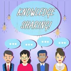 Writing note showing Knowledge Sharing. Business concept for deliberate exchange of information that helps with agility Group of Business People with Speech Bubble with Three Dots