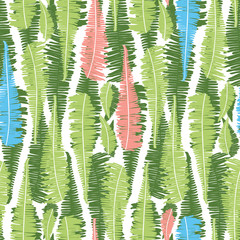 Vector white seamless pattern with vertical fern leaves stripes. Suitable for textile, gift wrap and wallpaper.