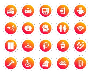 Public Services, Wifi icons. Elevator, Cloakroom and Taxi icons. Exit, ATM and Escalator. Wifi, Lift or elevator, Restaurant food. Public cloakroom, information, coffee and smoking. Vector