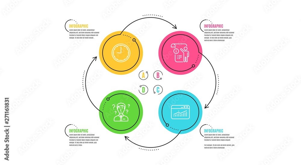 Poster manual doc, support consultant and time icons simple set. infographic timeline. website statistics s