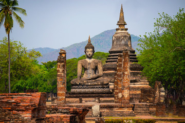 Sukhothai Wat Mahathat Buddha statues at Wat Mahathat ancient capital of Sukhothai  Thailand....