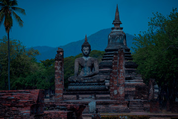 Sukhothai Wat Mahathat Buddha statues at Wat Mahathat ancient capital of Sukhothai  Thailand. Sukhothai Historical Park is the UNESCO world heritage